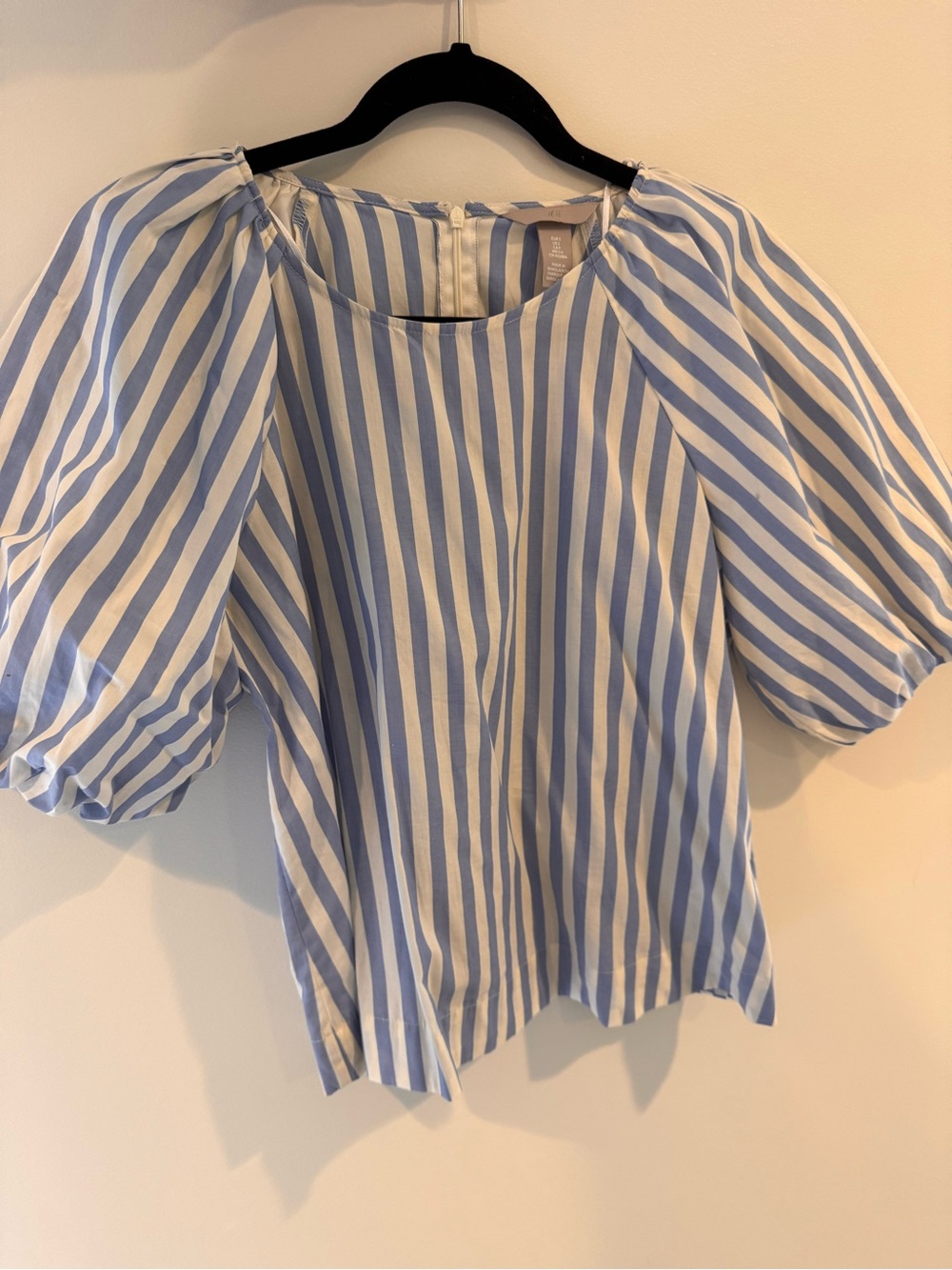 H&M Blue and White Striped Puff-Sleeve Blouse